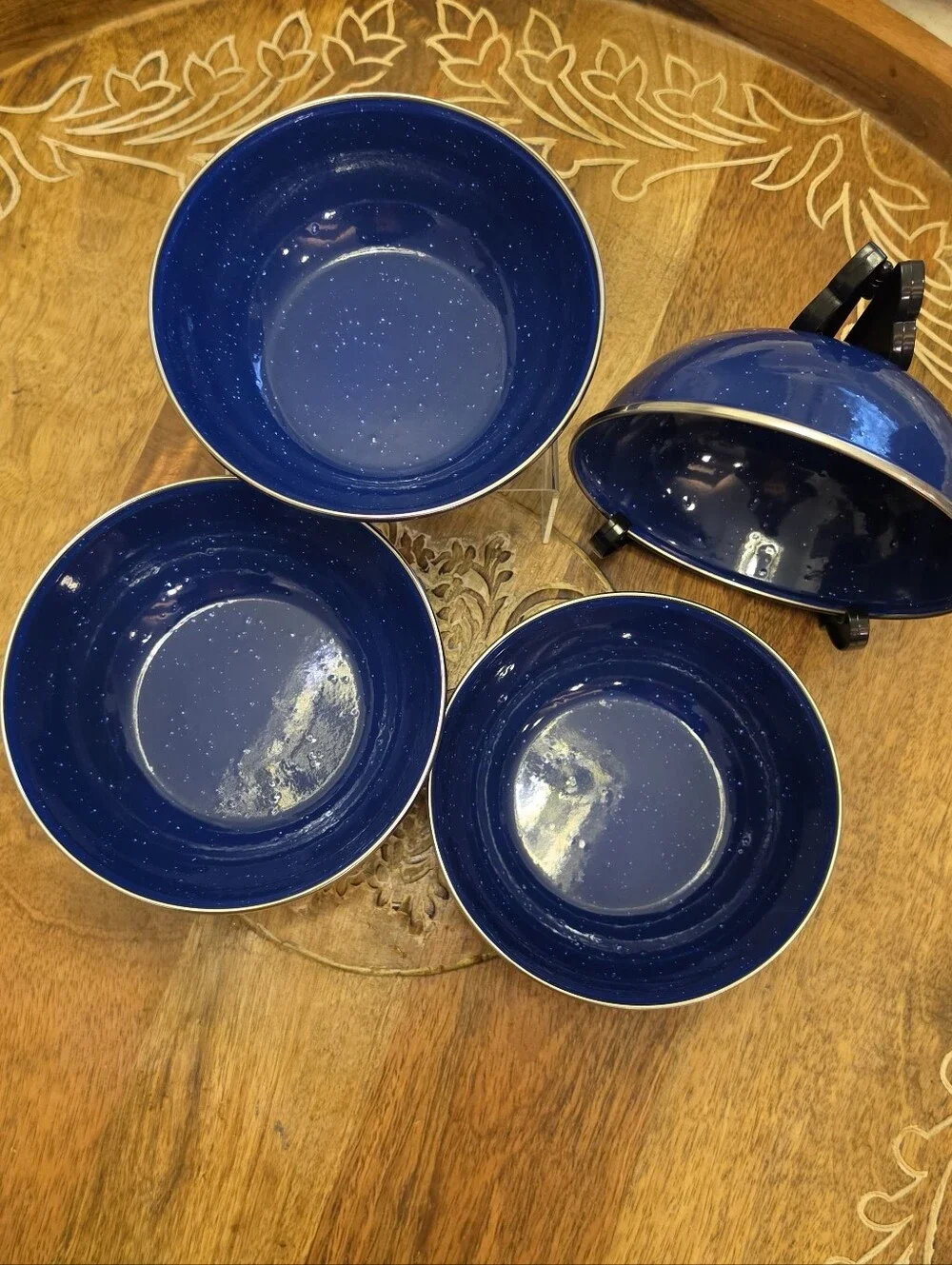 Set of 4 Vintage Blue Speckled Enamelware Metal Camping Bowls 6